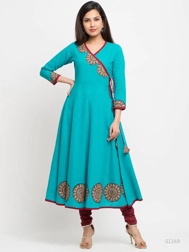 Women's cotton slub angrakha style anarkali kurta (teal)