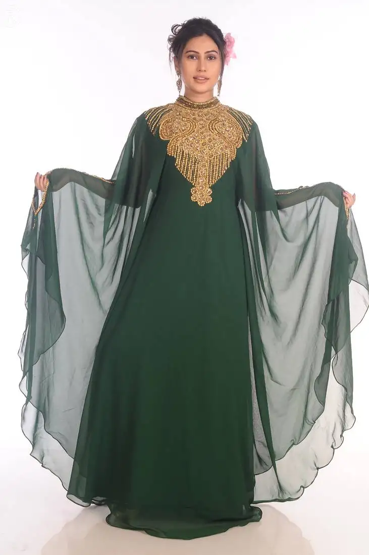 Ethnic maxi abaya moroccan islamic bottle green kaftan beach fancy modern floor length bell sleeve for women dress