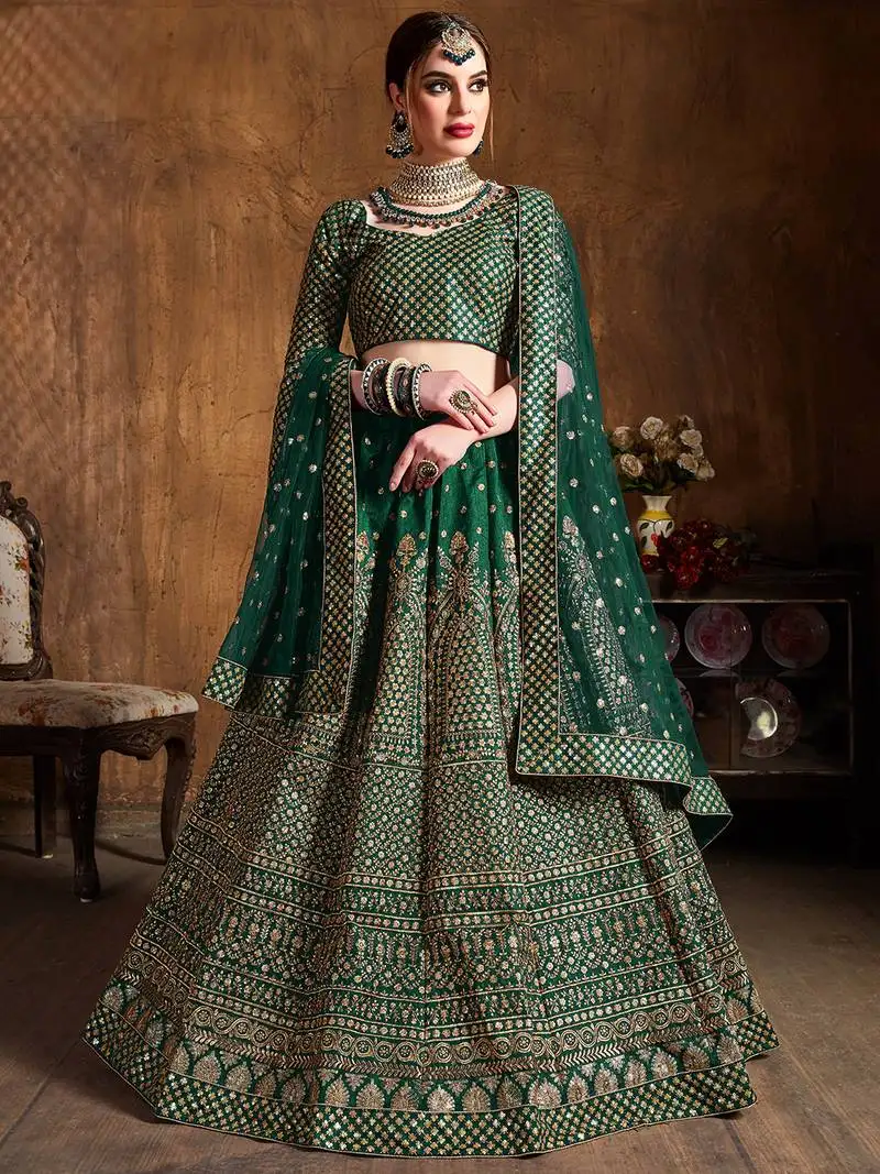 Beautiful green embroidered art silk wedding designer lehenga choli for women