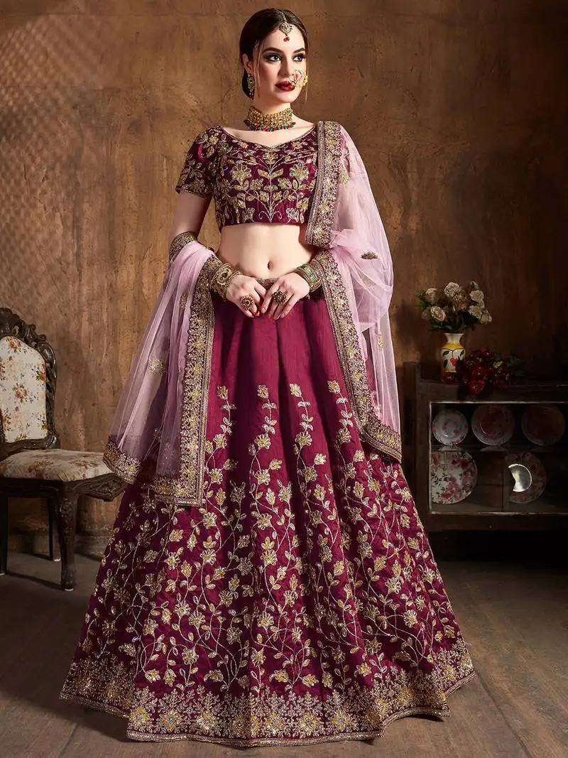 Maroon silk sequin embroidered lehenga choli with pink dupatta