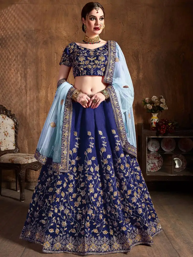Navy blue embroidered silk semi stitched wedding bridal heavy lehenga choli for women