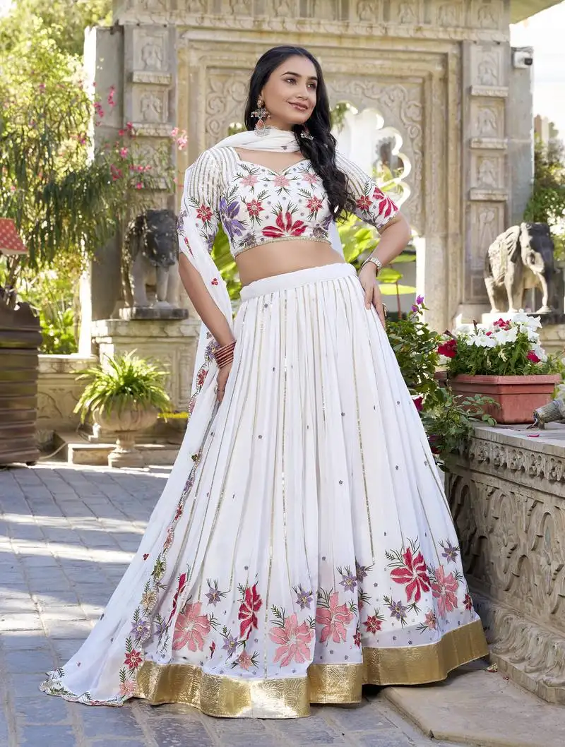 White sequins and thread embroidered georgette indian wedding stitched lehenga dress