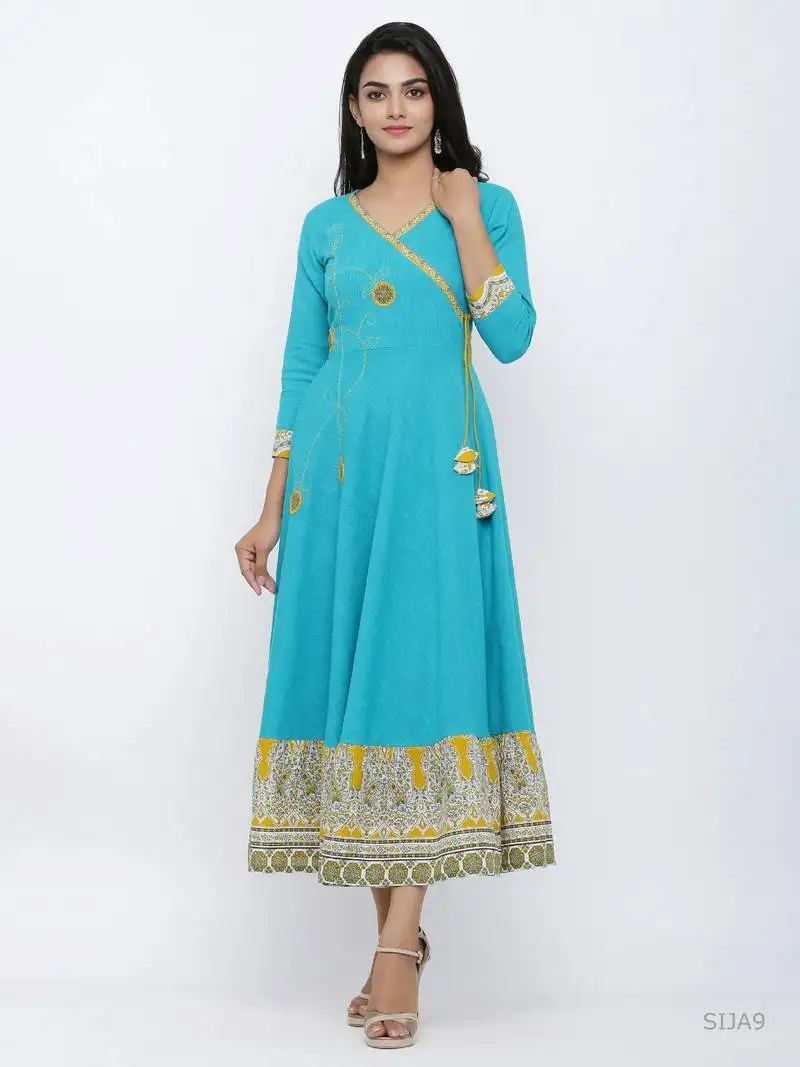 Women's cotton blend kalamkari print kaantha work anarkali kurta (teal)