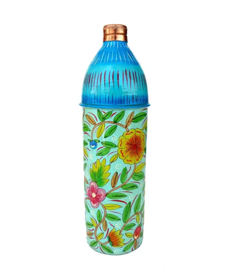 Pure copper hand painted water bottle tumbler,bislari yellow flower hand work (750 ml)