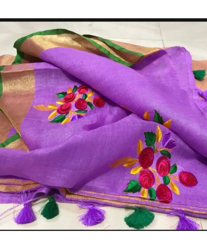 Lavender handcrafted linen saree with embroidery work on the saree