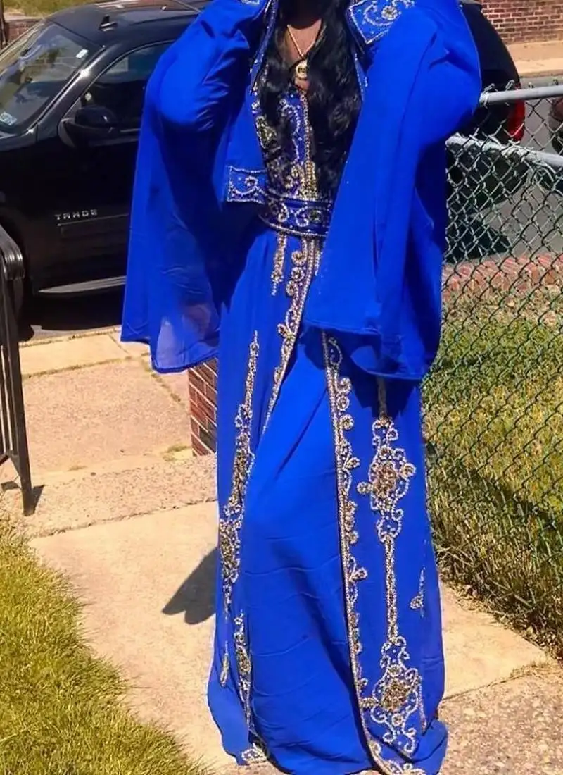 Blue gold jacket handbeaded kaftan for women