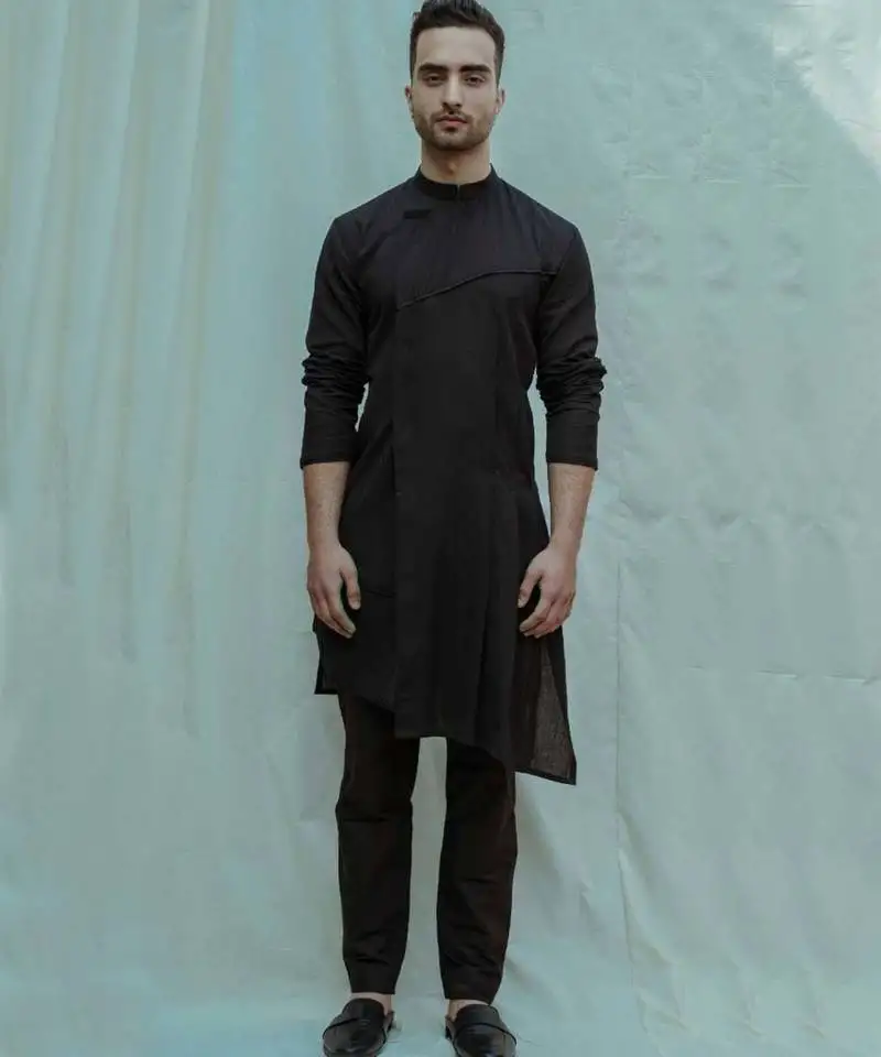 Cotton x linen asymmetry pleated black kurta and pants