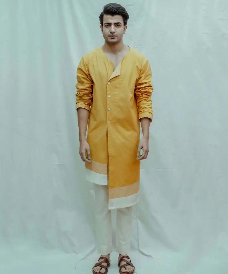 Asymmetry flap neck mustard kurta and off white pants