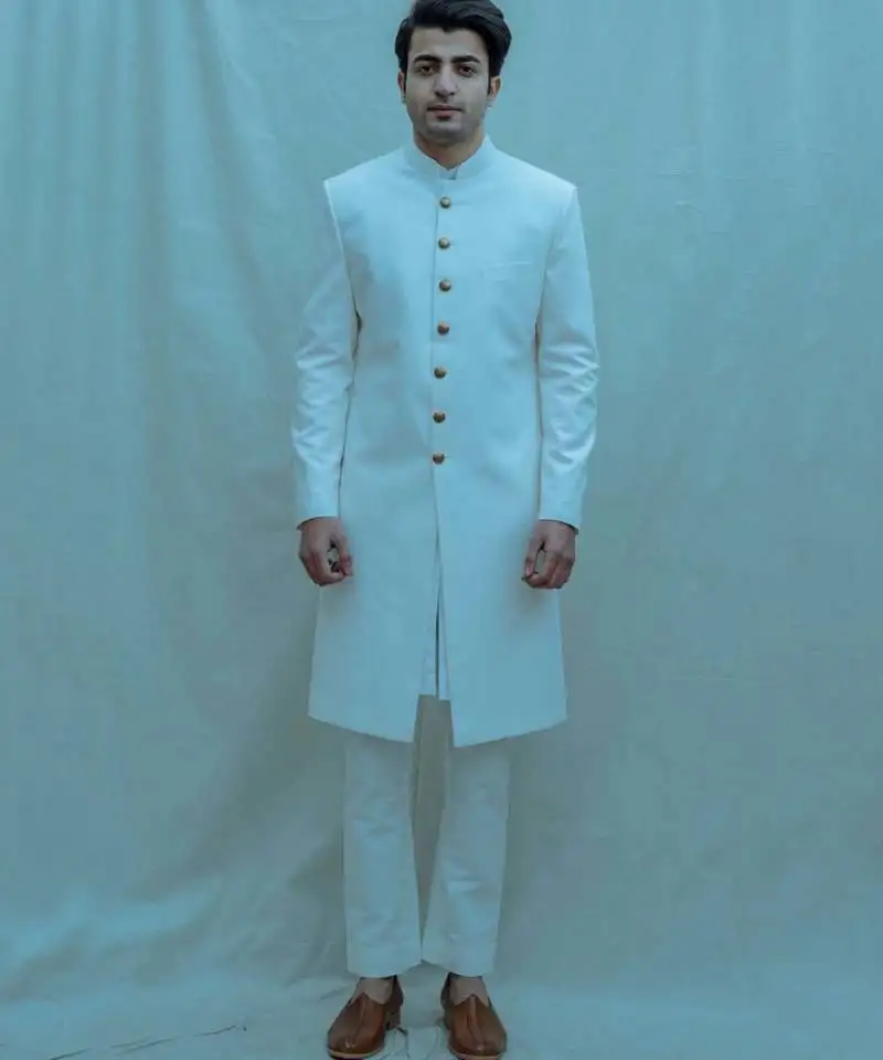 Off white bandgala suit with off white band collar shirt