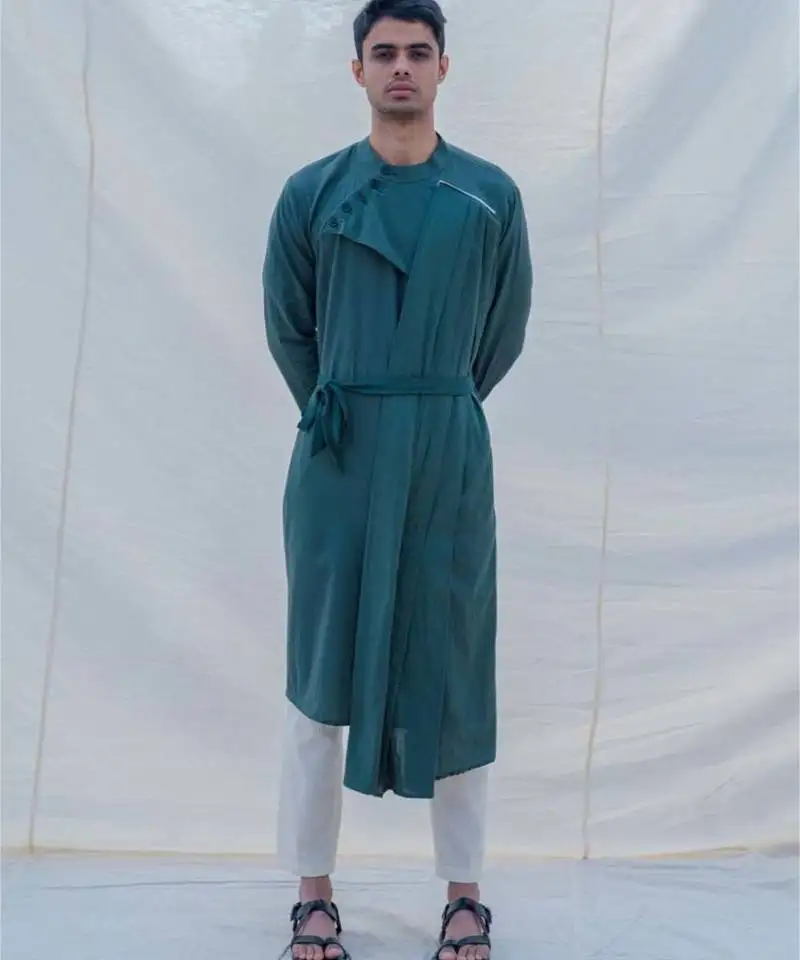 Cotton x linen kurta in bottle green set