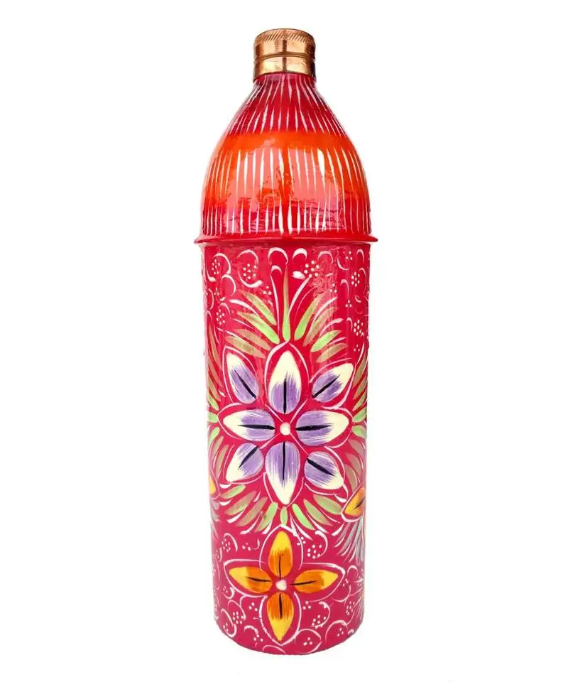 Pure copper hand painted water bottle tumbler,bislari pink flower hand work (750 ml )