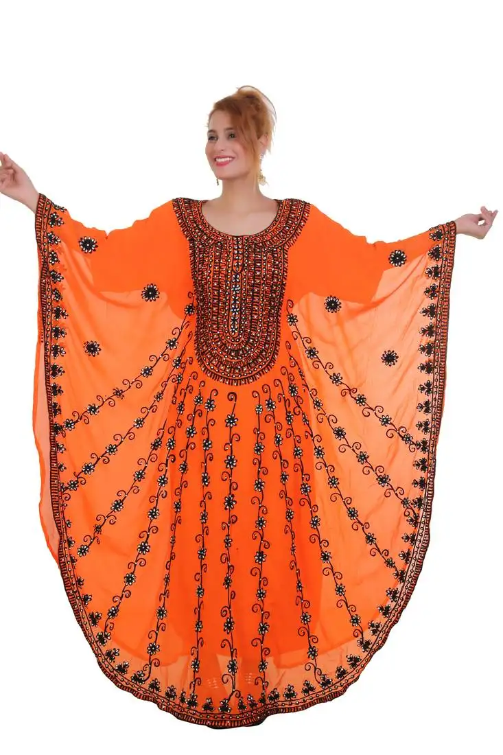 Orange aarii stone work georgette islamic style beads embedded partywear kaftan long gown evening wear dubai kaftan