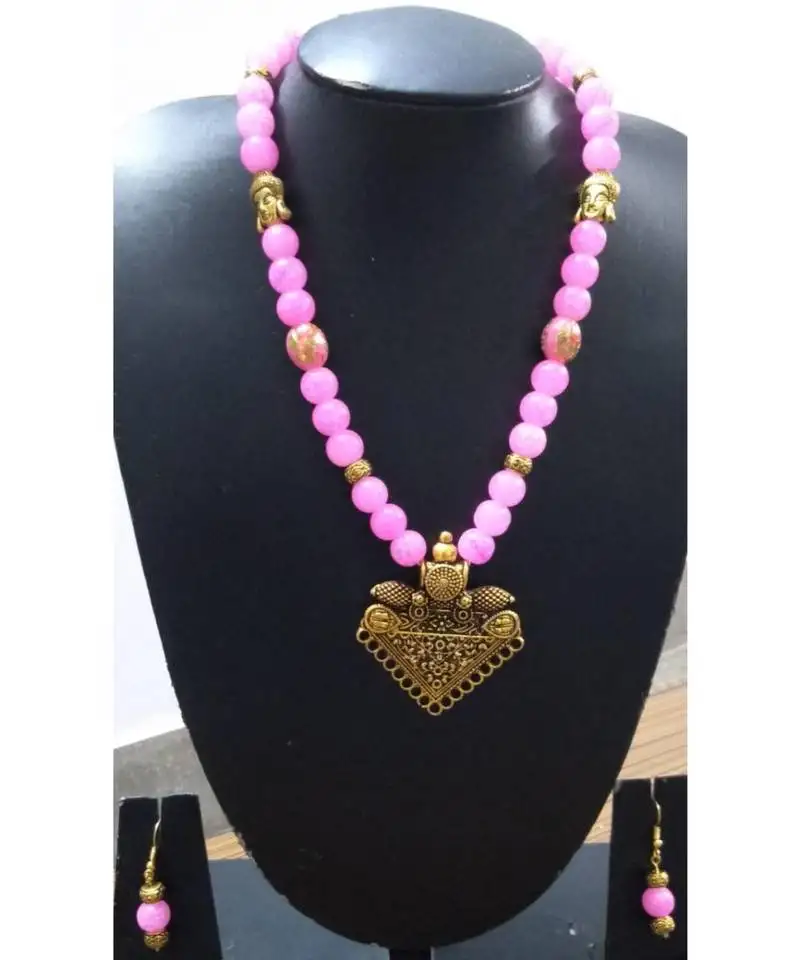 Pink agate peacock necklace set