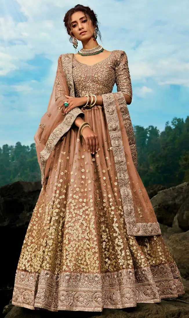 Brown dori and sequins embroidered net semi stitched lehenga choli for wedding