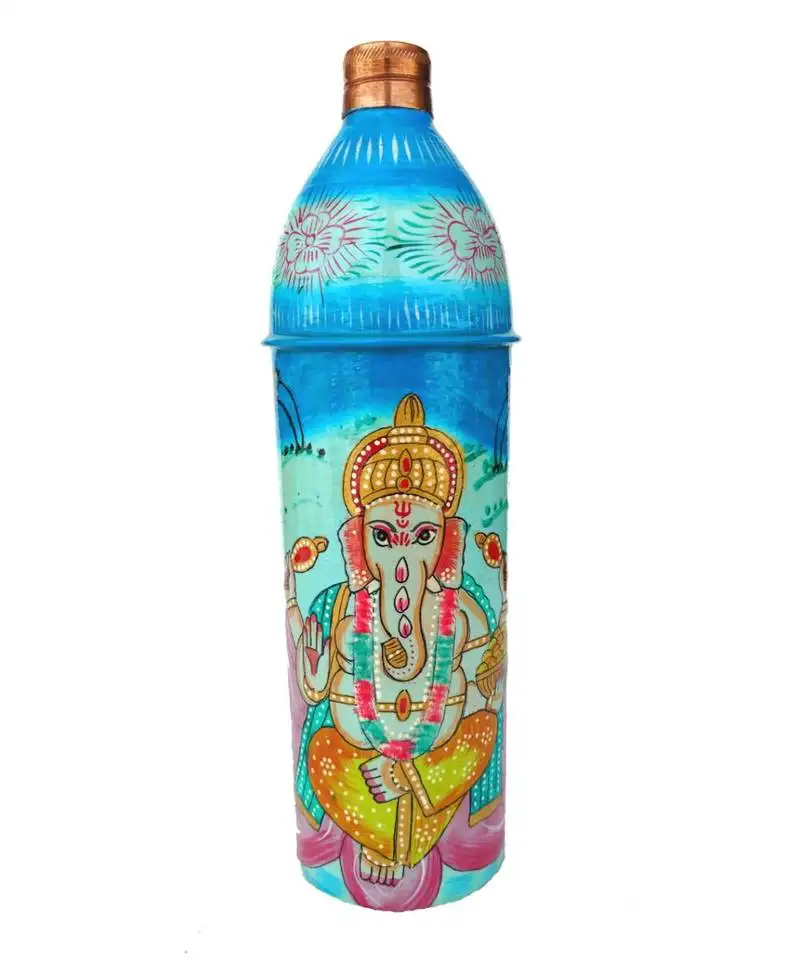 Pure copper hand painted water bottle tumbler,bislari indian traditional style ganesh hand work (750 ml)