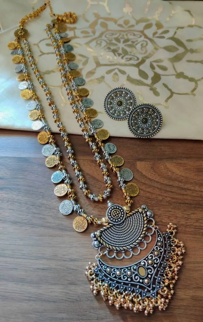 (single line)women dual tone long necklace set in two tone