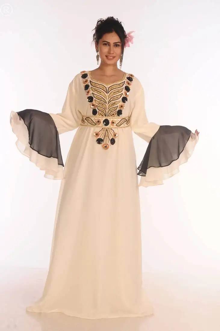 Off white georgette aari work kaftan