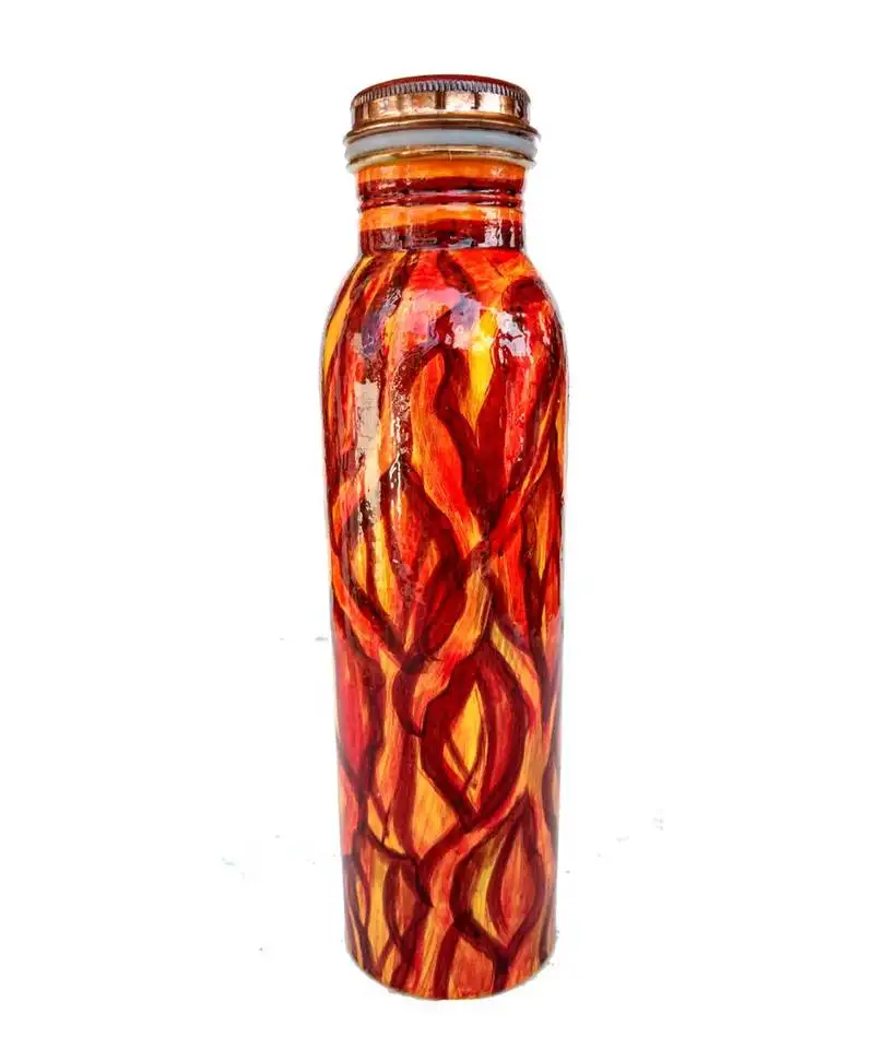 Pure copper hand painted root theme multi colored water bottle tumbler,joint less bottle for ayurveda health (950 ml)