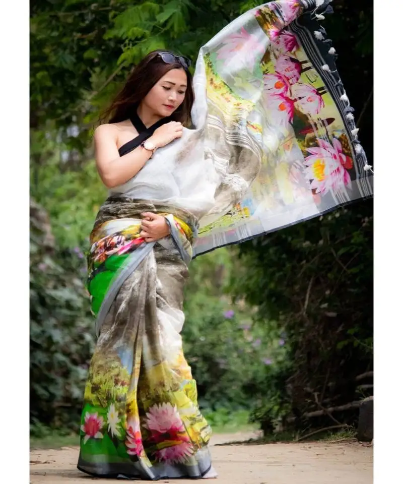 Multicolor floral print linen saree