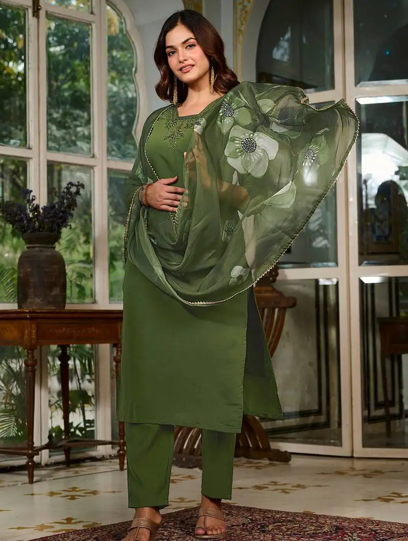 Olive green kurta set with embroidered neckline & floral dupatta stitched