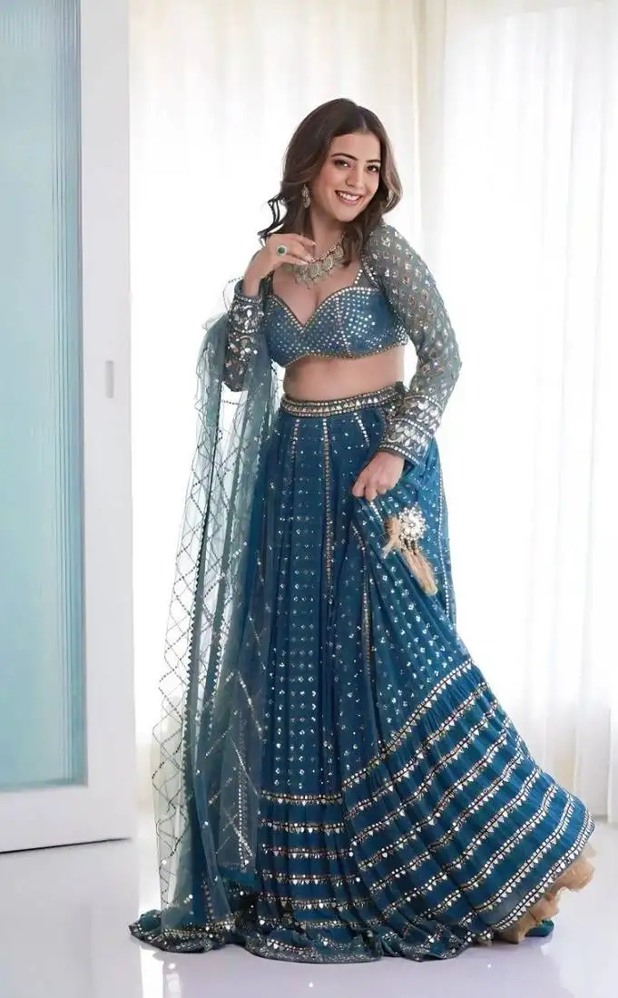 Blue georgette lehenga choli with silver sequin embroidered