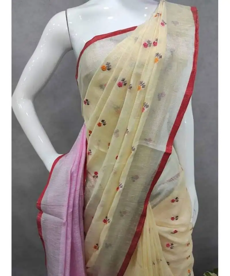 Handcrafted linen saree with small flower embroidery work