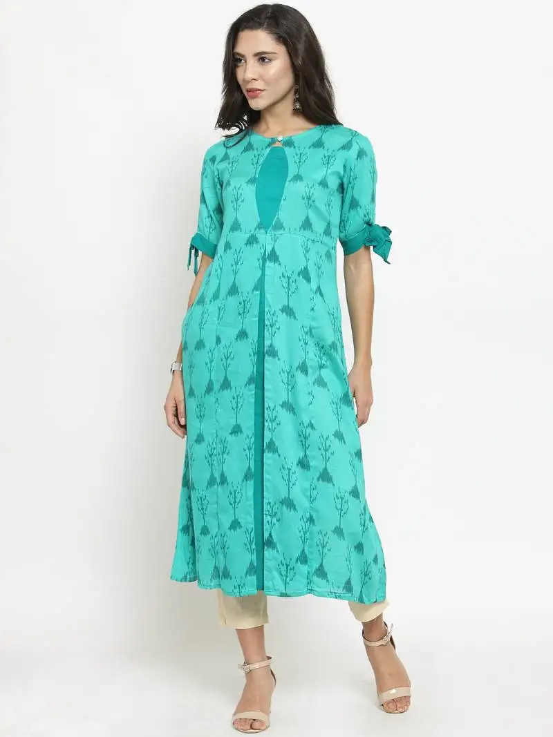 Indibelle teal rayon printed a-line kurta with ankle length trouser