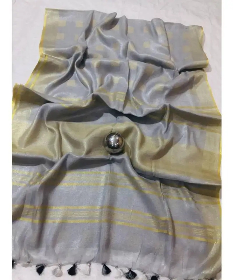 Grey handcrafted tissue linen saree with jacquard woven design
