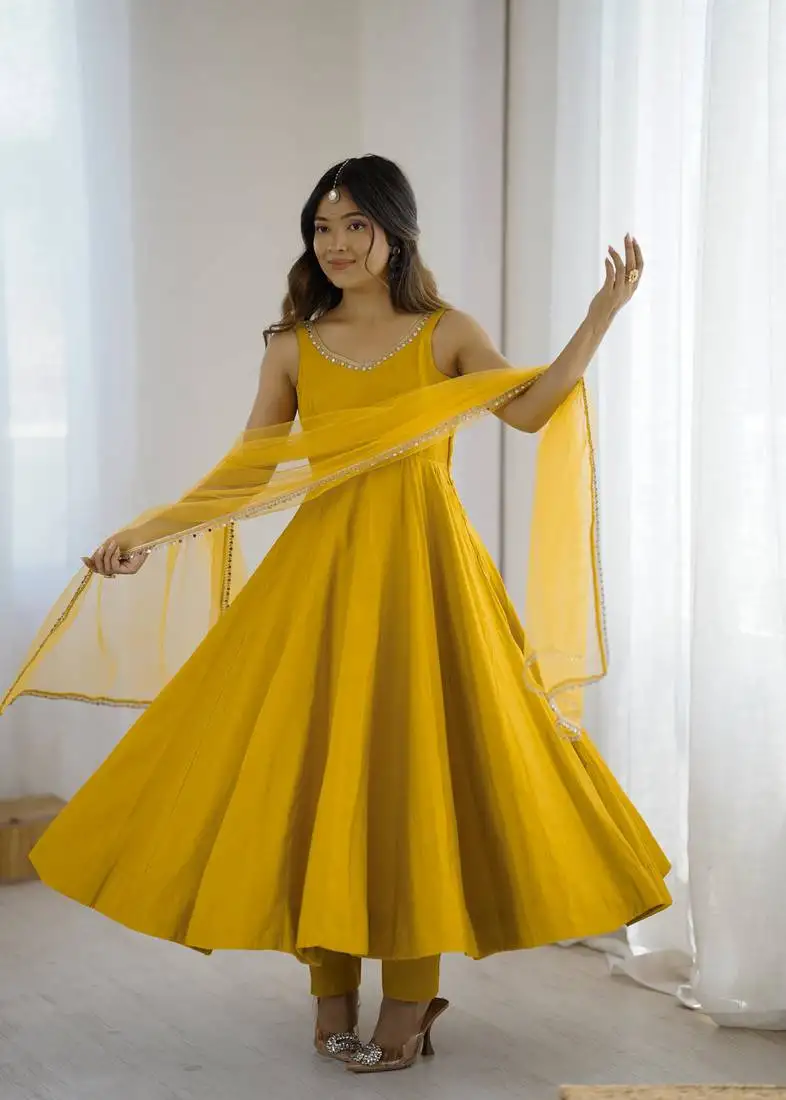 Yellow color anarkali suit set beautiful gown suit set festival wear suit
