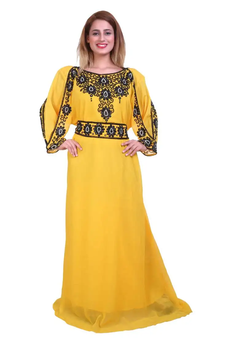 Yellow zari stone work georgette islamic style beads embedded partywear kaftan long gown evening wear dubai kaftan