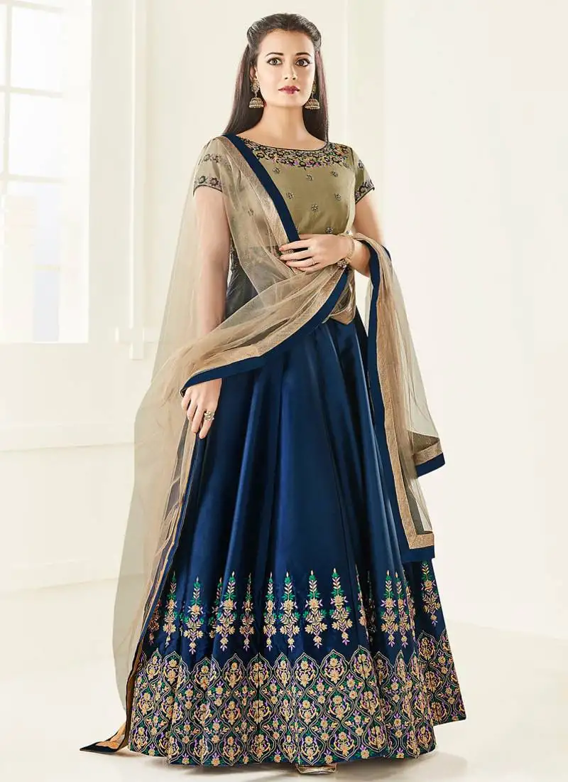 Blue silk embroidered wedding wear designer anarkali suit semi stitched
