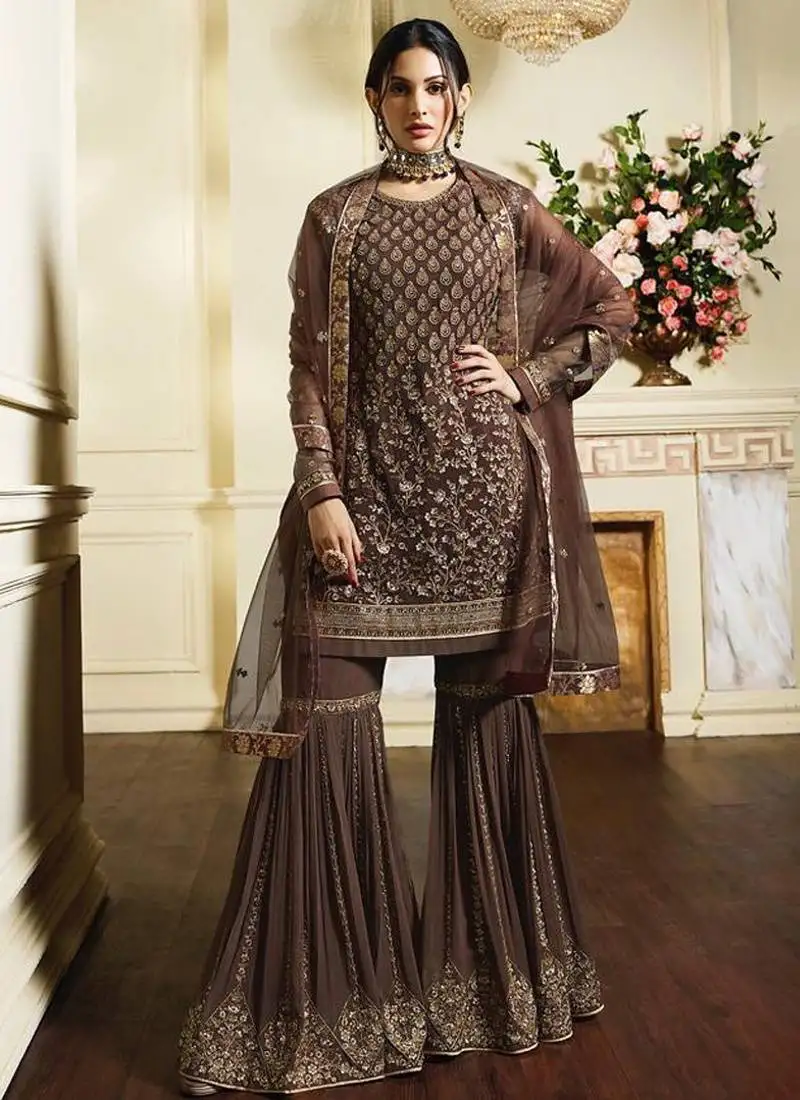 Brown satin georgette semi stitched wedding sharara suit