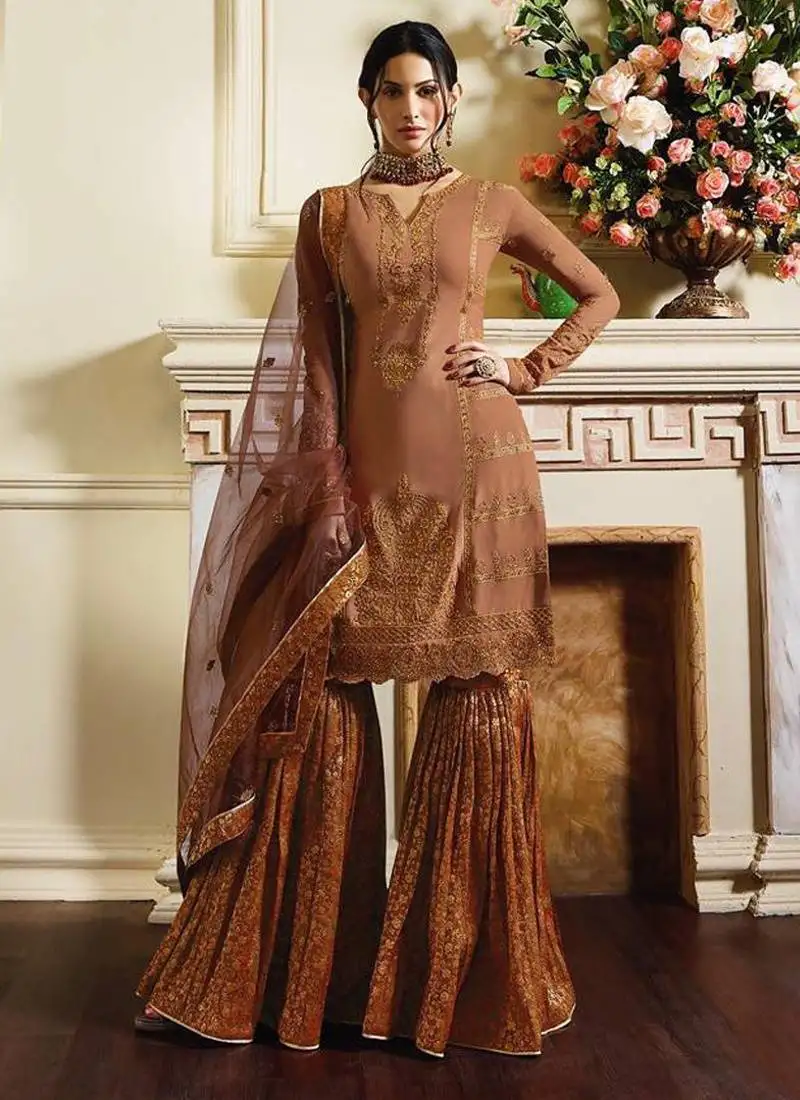Brown satin embroidered wedding wear designer semi-stiched suit semi stitched