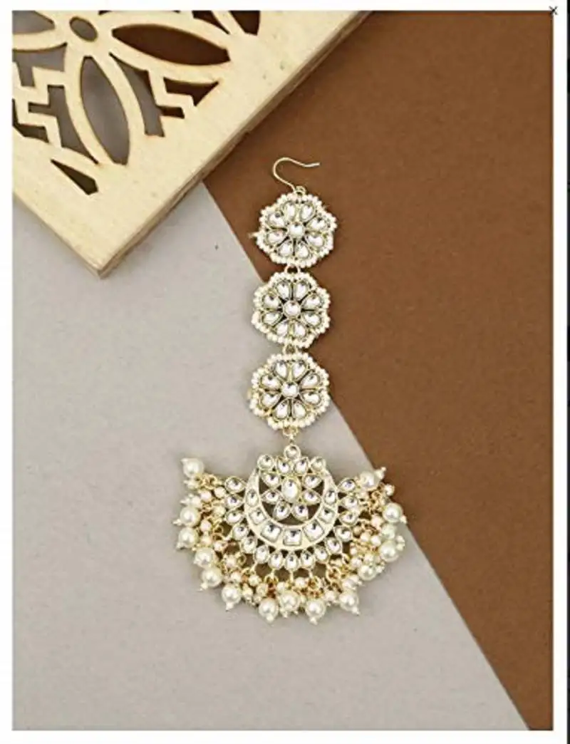 Traditional matte finish floral beaded manng tikka studded with kundan & faux pearls for women::Girls