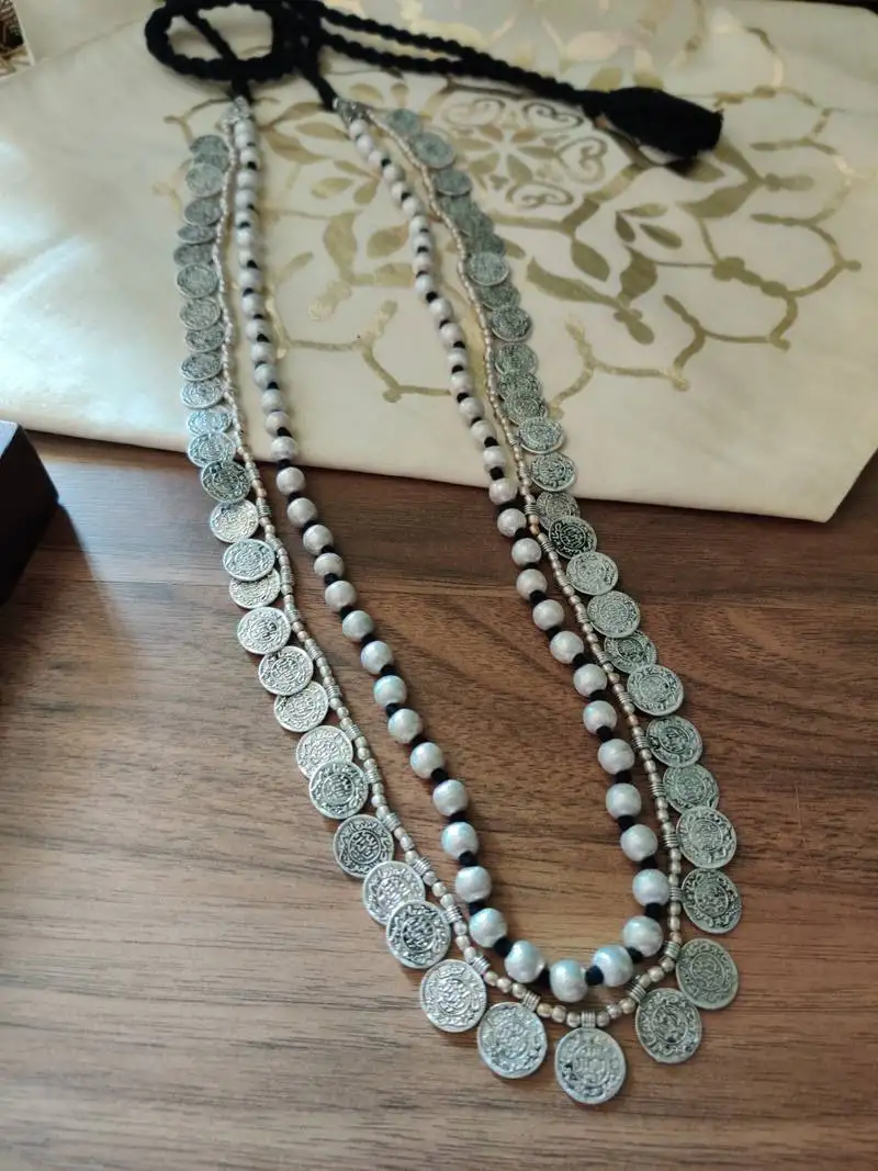 Brass beaded coin necklace in matte silver