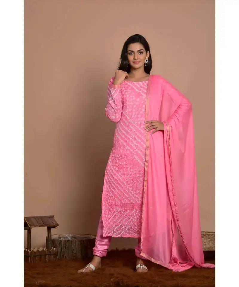 Pink bandhani kurta churidar set with dupatta