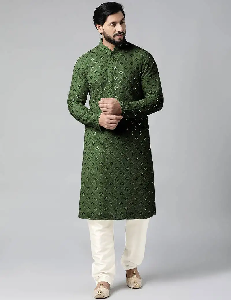 Olive green mirror embroidery kurtas