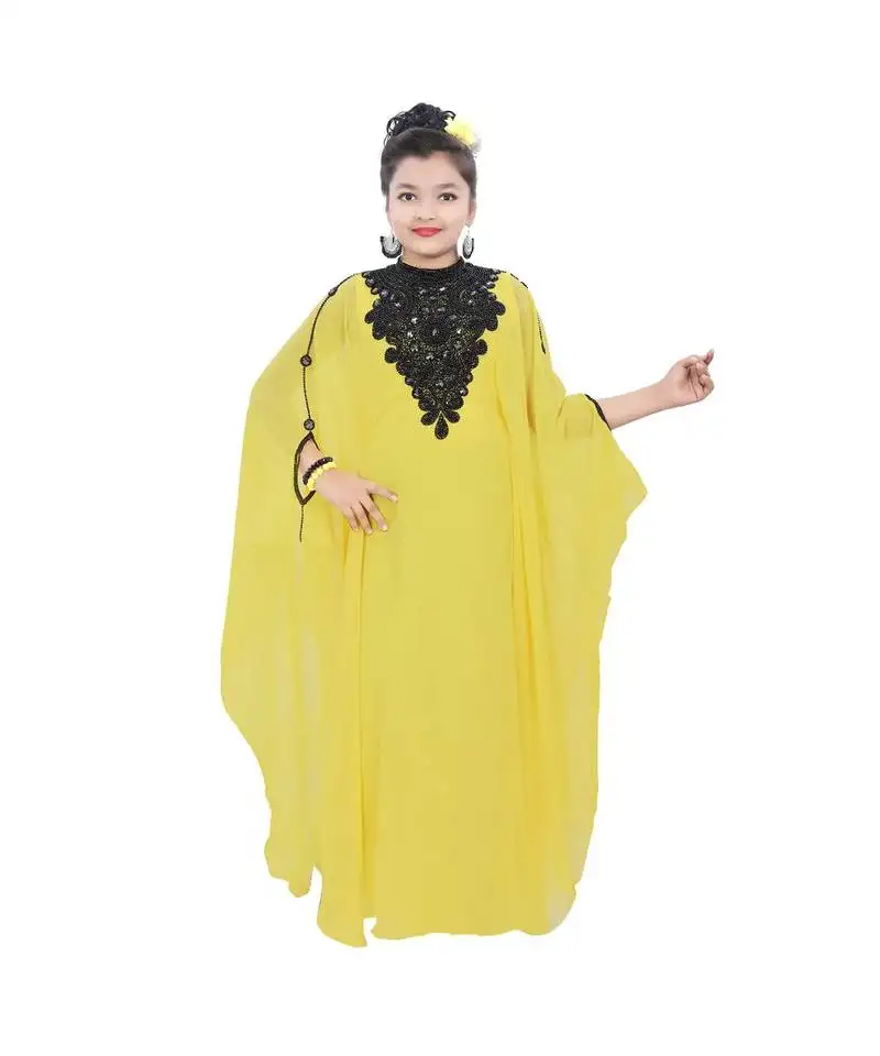 Yellow georgette embroidered zari work kids kaftans