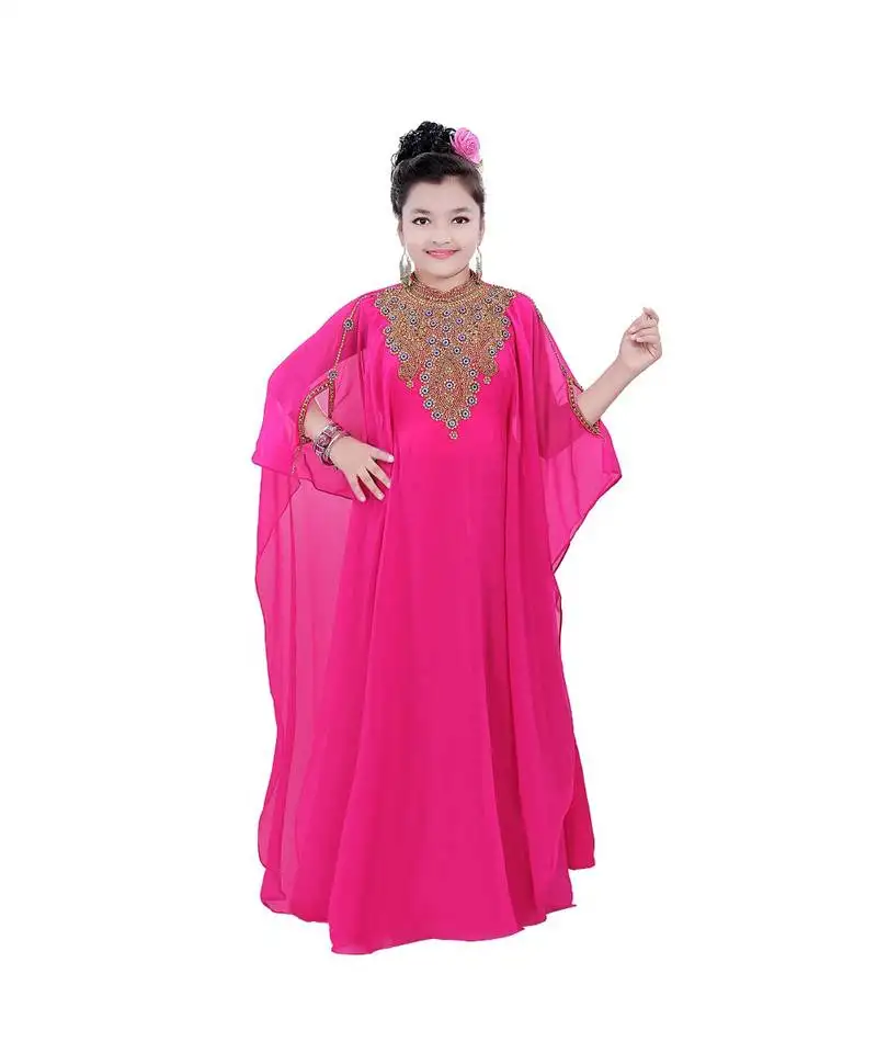 Pink georgette embroidered zari work kids kaftans