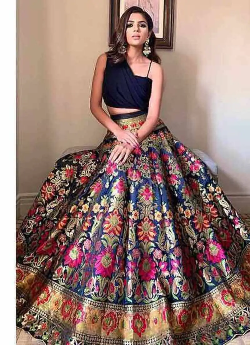 Black zari thread work banarasi silk lehenga choli with dupatta