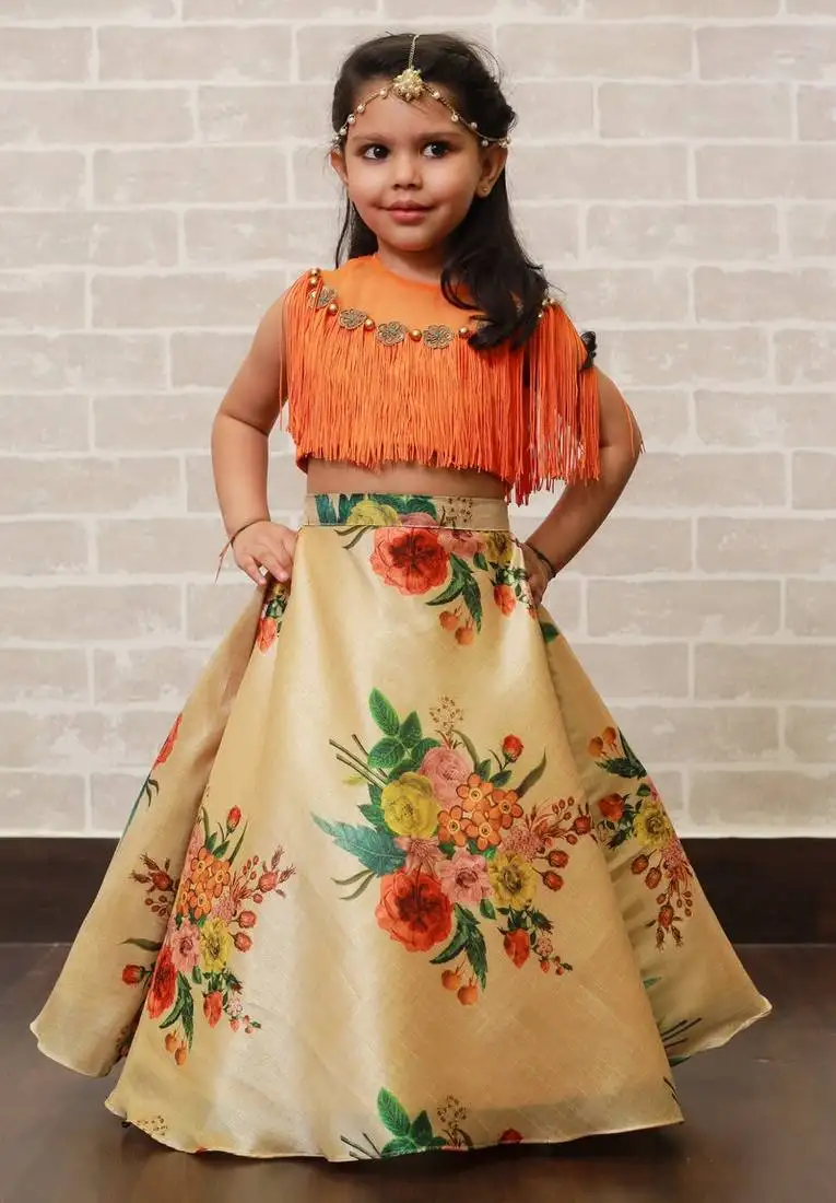 Orange fringe lehnga