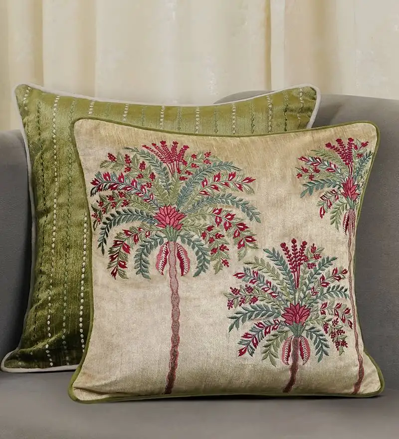 Beige velvet and cotton embroidered palm tree tropical 18x18 inches cushion cover (1pc