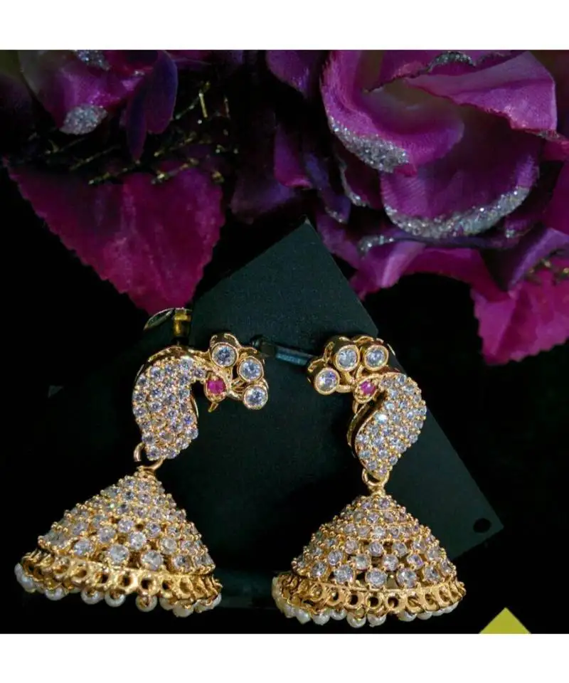 White alloy copper gold plated peacock design jhumka earrings