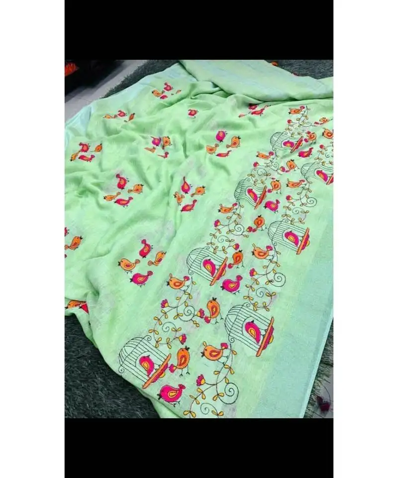 Multicolor handcrafted linen saree with embroidery work on the saree