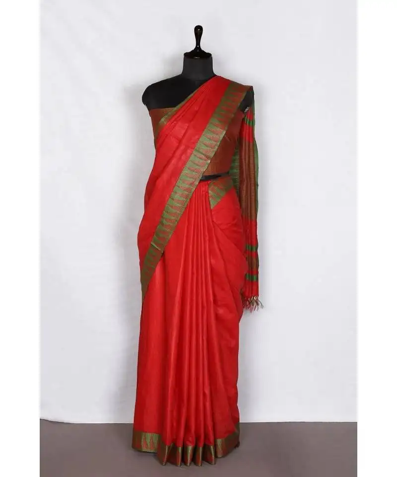 Red handloom bhagalpuri viscose silk saree with blouse piece