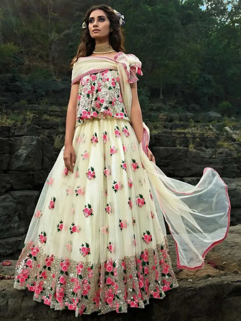 Off white floral thread embroidered soft net party wear lehenga choli