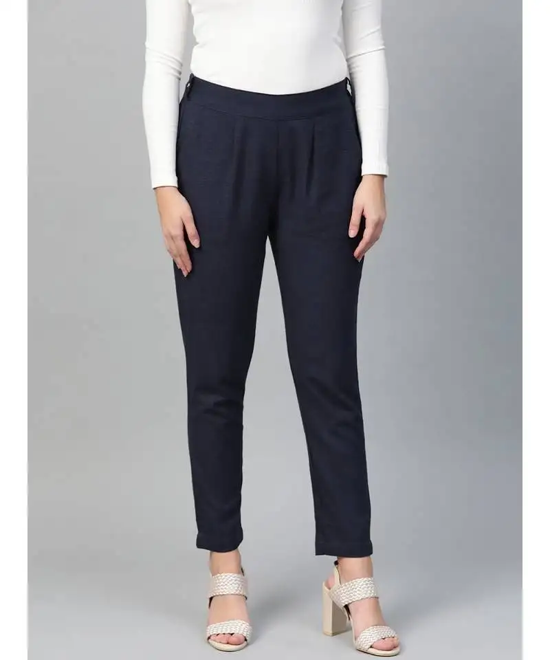 Cotton slub solid regular fit casual trouser pants blue