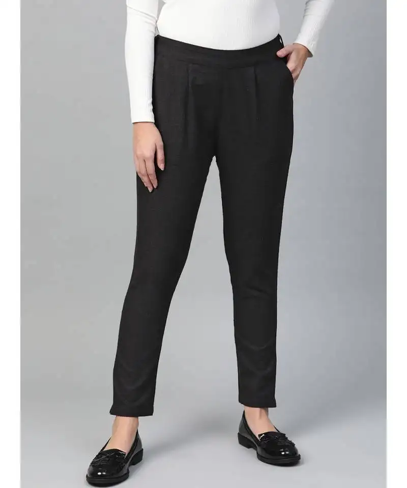 Cotton slub solid regular fit casual trouser pants black