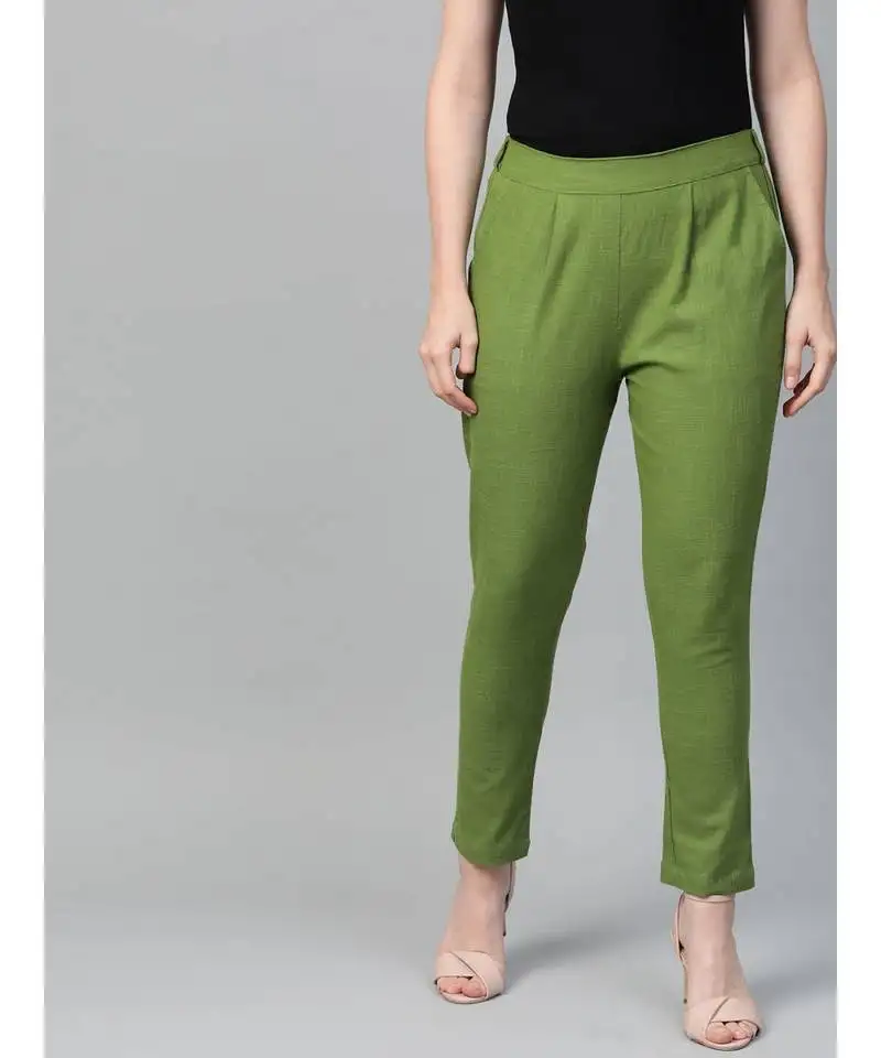 Cotton slub solid regular fit casual trouser pants green
