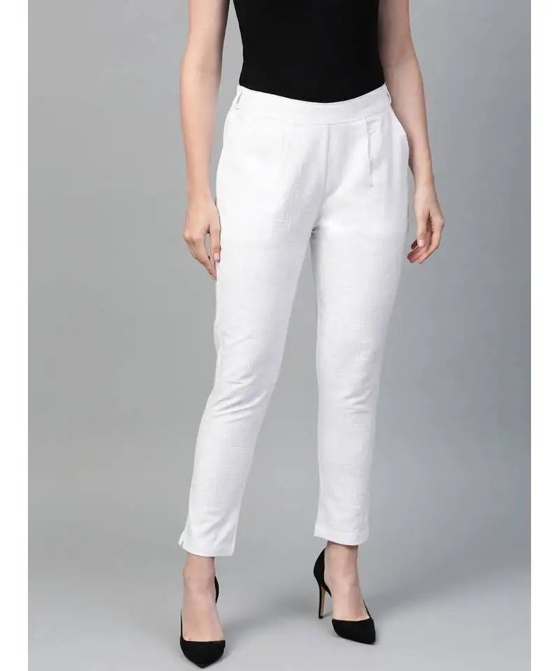 Cotton slub solid regular fit casual trouser pants white